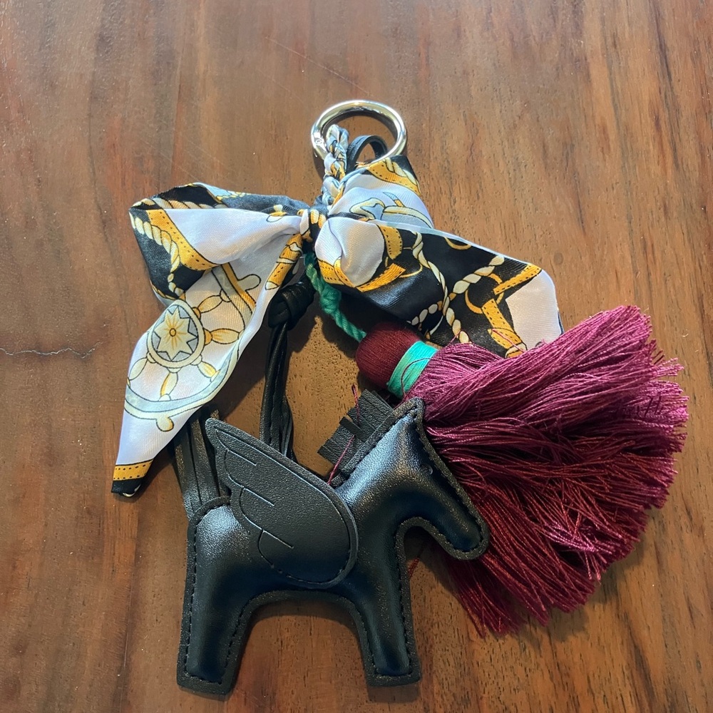Horse Charm Keychain with Burgundy Tassel and Patterned Scarf